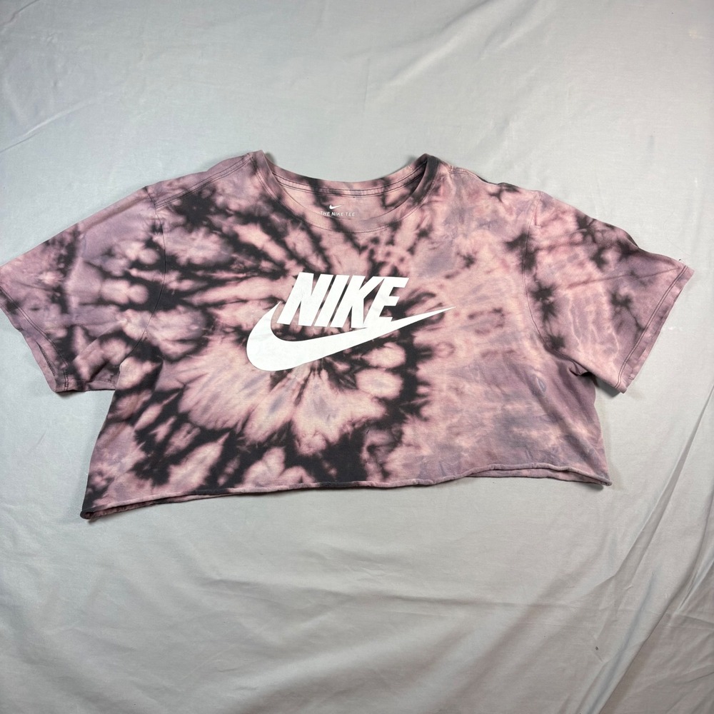 Nike Tie Dye Cropped T-Shirt Womens XL Purple Black Futura Logo Raw Hem Boxy Tee